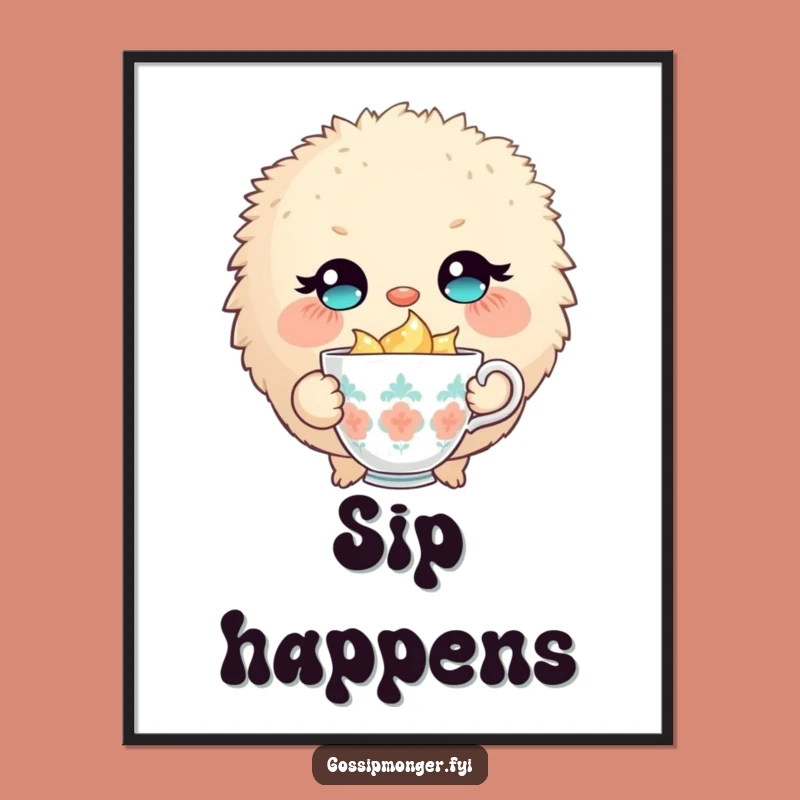 Funny Fluffy Creature Poster: Winking Teacup Art, Perfect Whimsical Wall Decor!