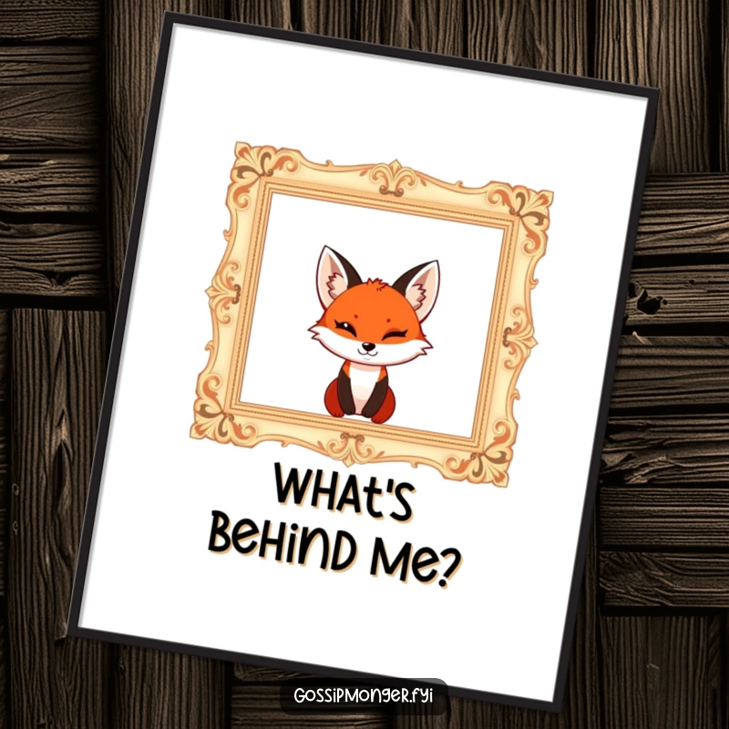 Funny red fox with a mischievous wink, popping out of a giant ornate empty picture frame, whimsical wall art.
