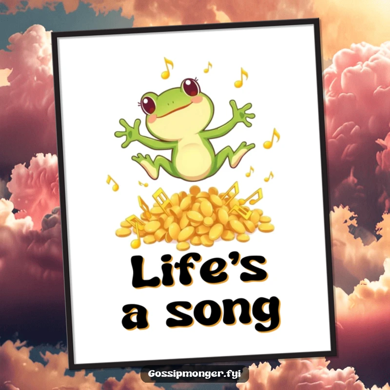 Funny poster featuring a small green frog joyfully leaping from golden musical notes, bringing harmony and fun to any room.