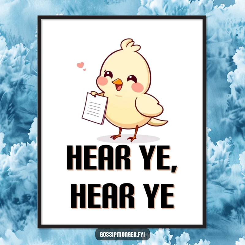 Funny gossiping bird poster, a cheerful bird carrying a small note, creating a whimsical and conversation-starting piece of humorous wall art.