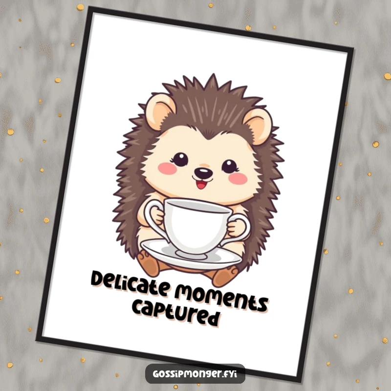 Funny Hedgehog Tea Cup Poster: A smiling hedgehog delicately holds a tea cup and saucer, creating a peaceful and charming artwork.