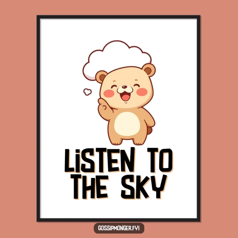 Funny Kawaii Bear Cloud Gossip Poster, Giggling Art Print Decor Gift