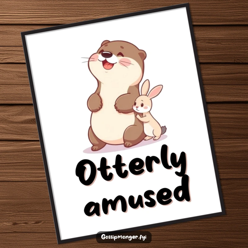 Funny otter poster print of a delighted otter slapping its belly in laughter while a tiny rabbit whispers nearby.