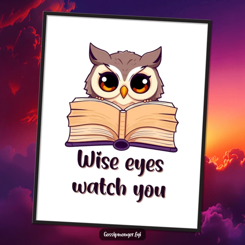 Funny poster art of a curious owl with wide eyes peeking from behind a giant open book, celebrating reading.