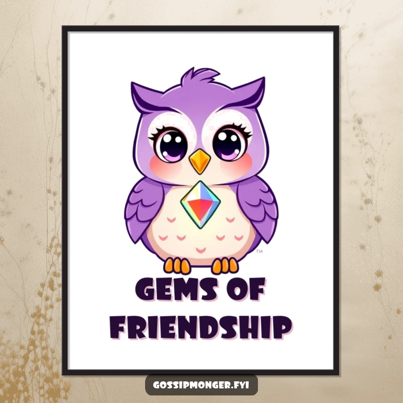 Funny poster featuring a smiling purple owl with wide eyes, sharing a radiant gem, symbolizing generosity and friendship.