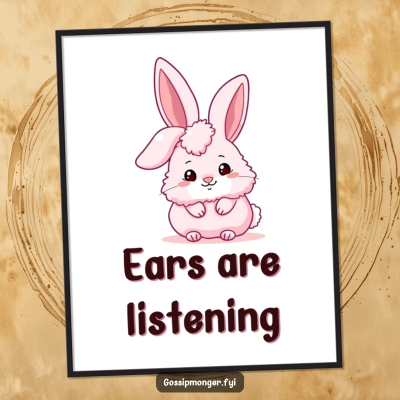 Funny fluffy pink bunny peeking conspiratorially behind a large stylized ear, adding adorable and humorous wall art.