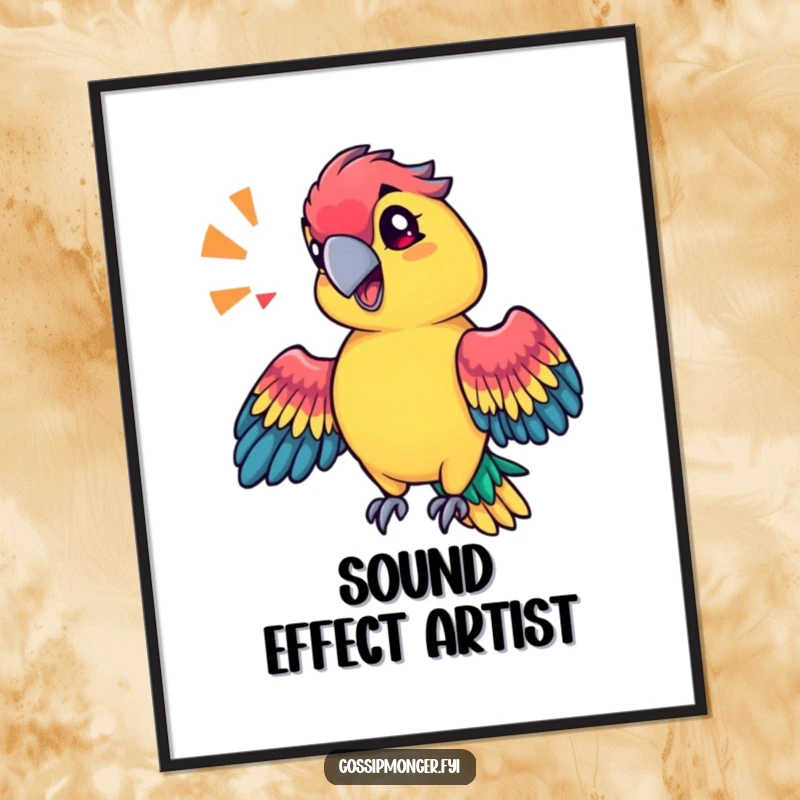 Funny technicolor parrot with a sassy tilt of its head, mimicking a sound effect with its wings, vibrant wall art.