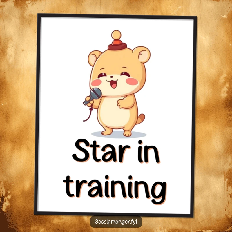 Funny creature wearing a small hat spins joyfully while holding a tiny microphone, captured in a humorous and energetic art print.