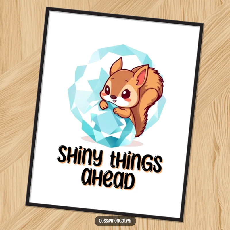 Funny Poster: A tiny squirrel peeks from behind a massive, sparkling gemstone, a funny and enchanting piece of art.