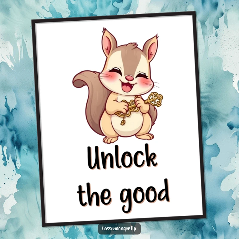 Funny poster art of a mischievous squirrel giggling while holding a tiny, ornate key, conveying a sense of playful discovery and hidden secrets.