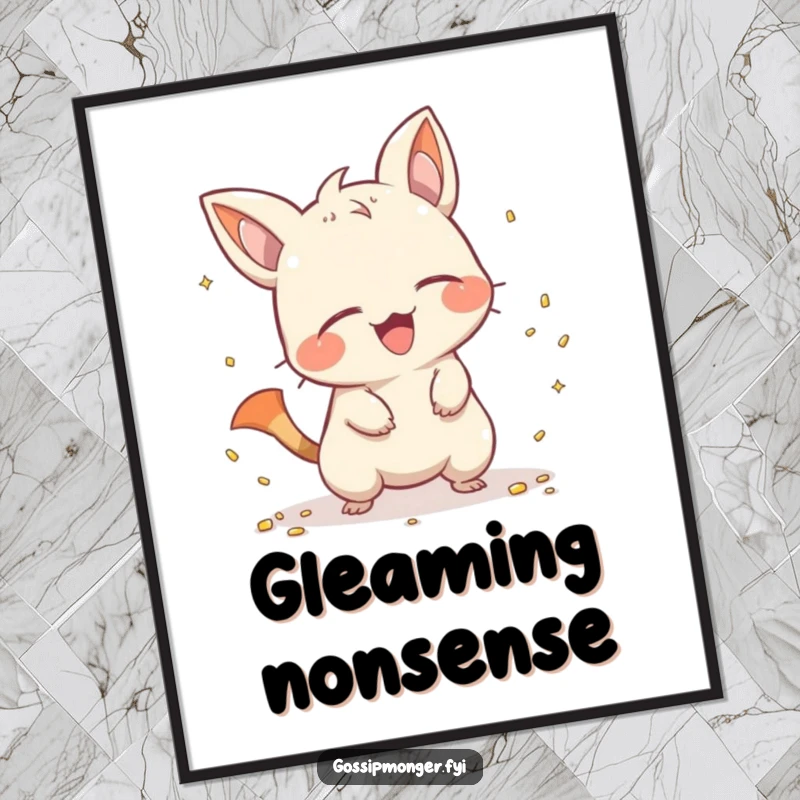 Funny creature with a pointy tail giggling while scattering tiny, shiny objects, captured in a humorous and vibrant art print for playful decoration.