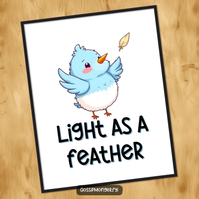 Funny blue bird poster showing a fluffy bird excitedly pointing at a floating feather, radiating happiness and whimsical delight.