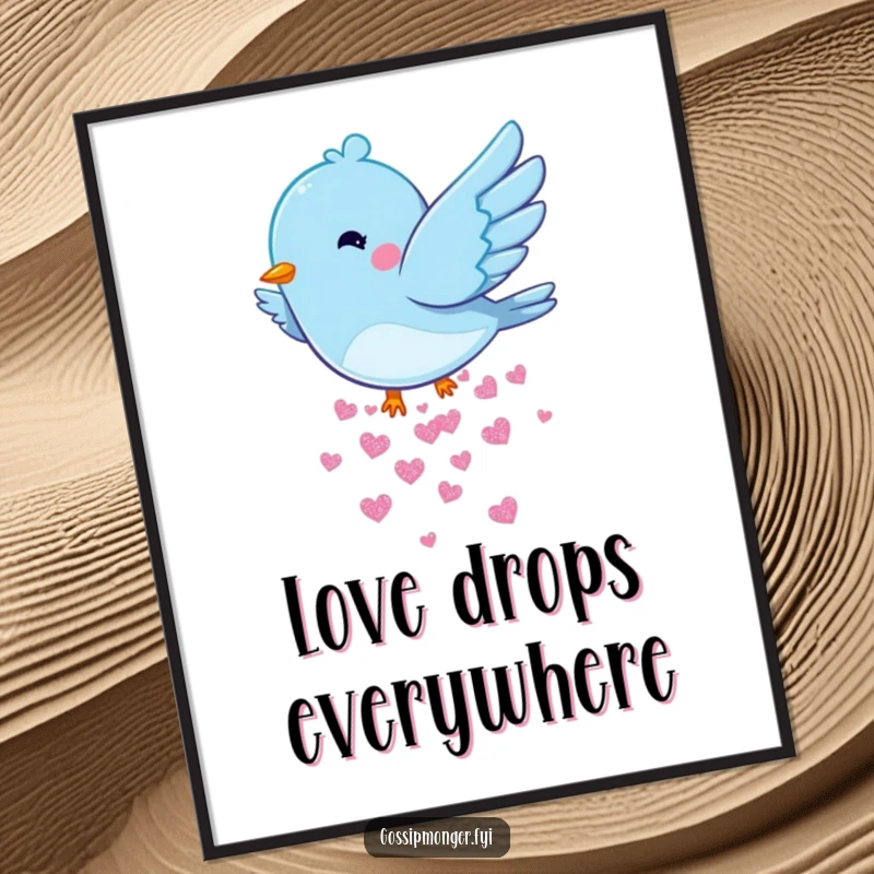 Funny Bluebird Hearts Poster: A charming artwork of a bluebird scattering tiny glittery hearts, perfect for adding a romantic touch.