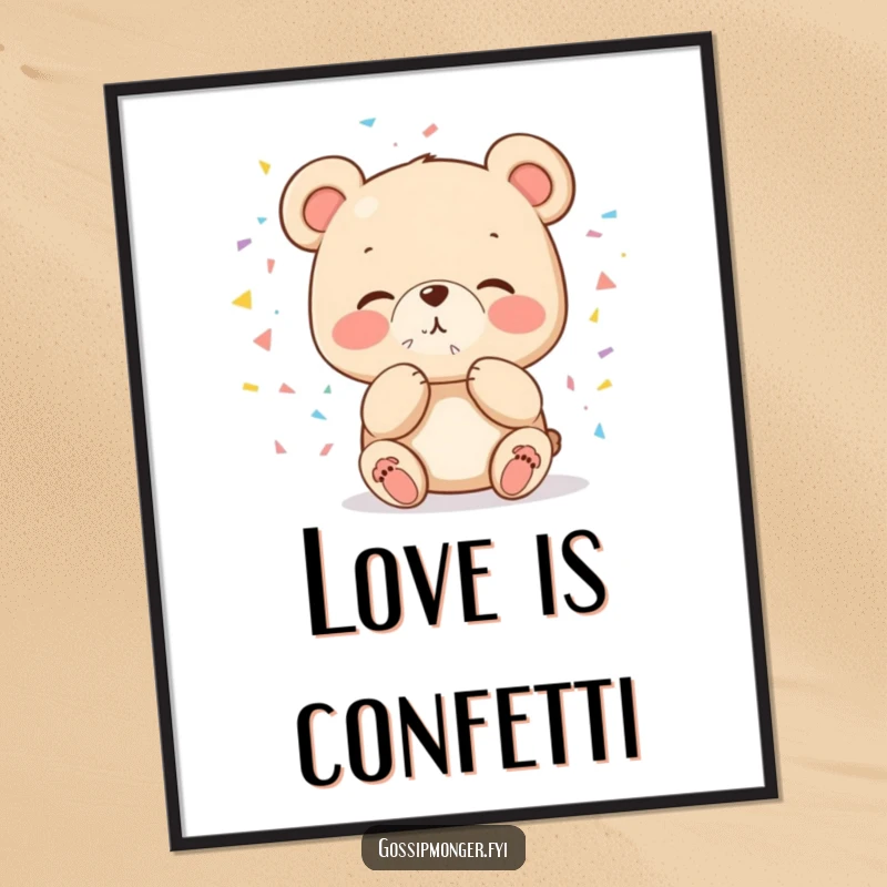 Funny cute bear blowing a kiss of confetti art print, perfect for cheerful home or office decoration.