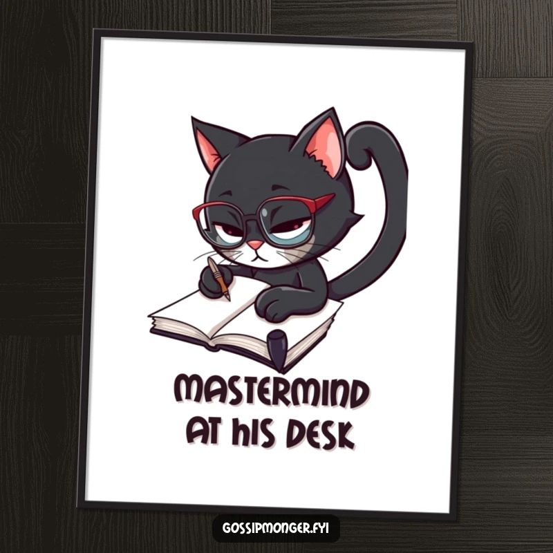 Funny black cat wearing spectacles, furiously scribbling in a notebook with a quill, inspirational poster for writers and readers.