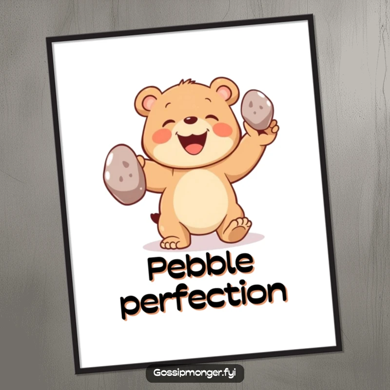 Funny bear poster print of a joyful bear cub grinning while juggling three oversized shiny pebbles with playful skill.