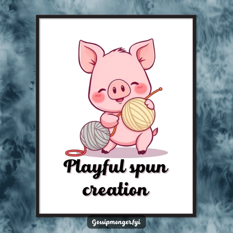 Funny piglet art poster, spinning a yarn ball with excitement, rosy cheeks, cheerful illustration, playful wall decor.