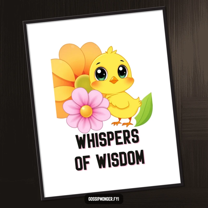 Funny Chick Poster: A bright yellow chick with expressive eyes whispers secrets into a large, colorful flower, a delightful piece of humorous art.