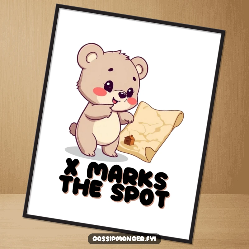 Funny Bear Cub Treasure Map Poster: An enthusiastic bear cub points to a hidden treasure map, creating a sense of adventure.