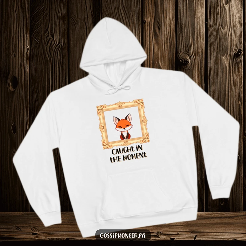 Funny red fox with a mischievous wink, popping out of a giant ornate empty picture frame, cozy hoodie.