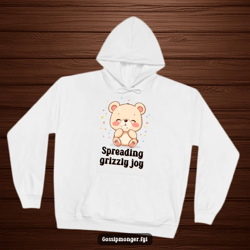Funny cute bear hoodie blowing a kiss of confetti, perfect for cozying up or celebrating, a warm gift.