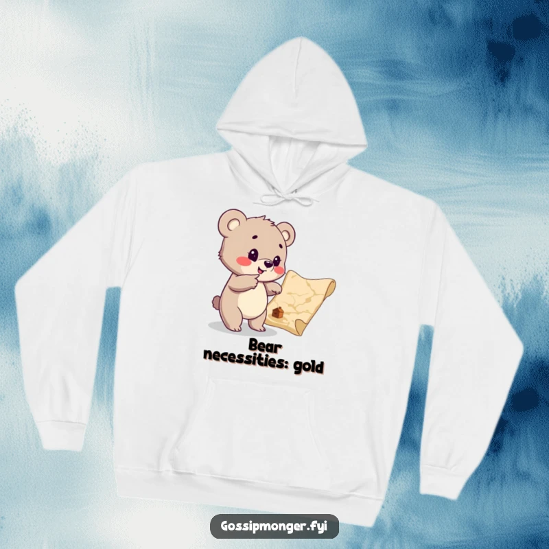 Funny Bear Cub Treasure Map Hoodie: A playful cub enthusiastically points to a hidden treasure map, ready for adventure.