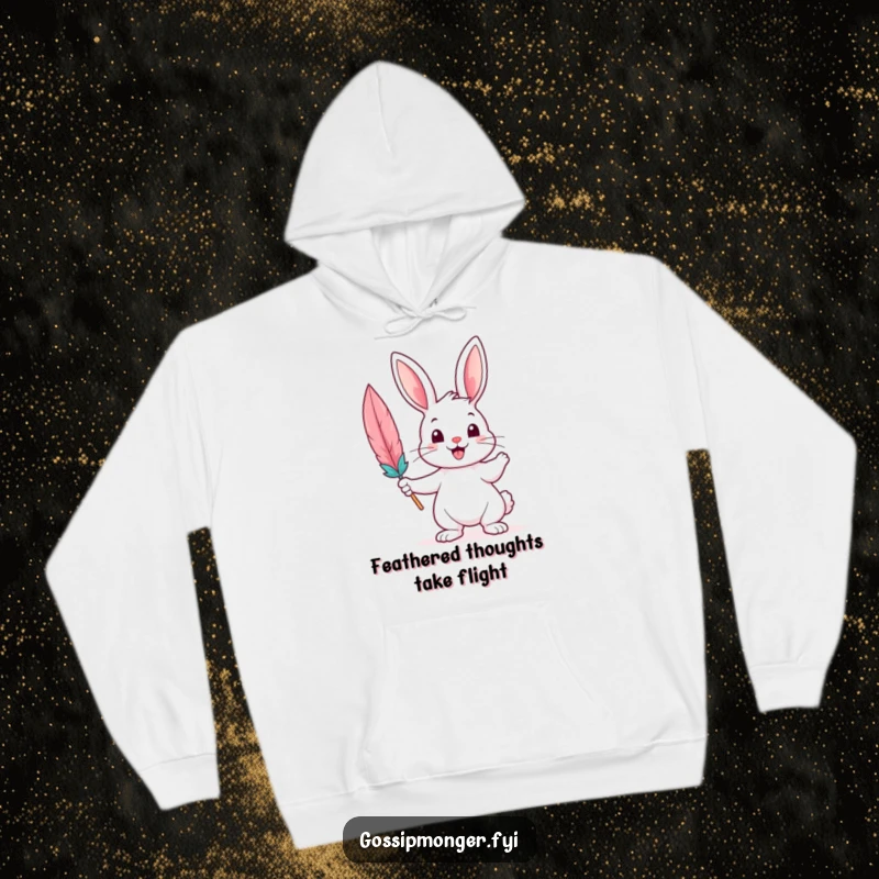 Funny Hoodie depicting a cheerful bunny holding a large feather quill, embodying a writer's creative and warm spirit.