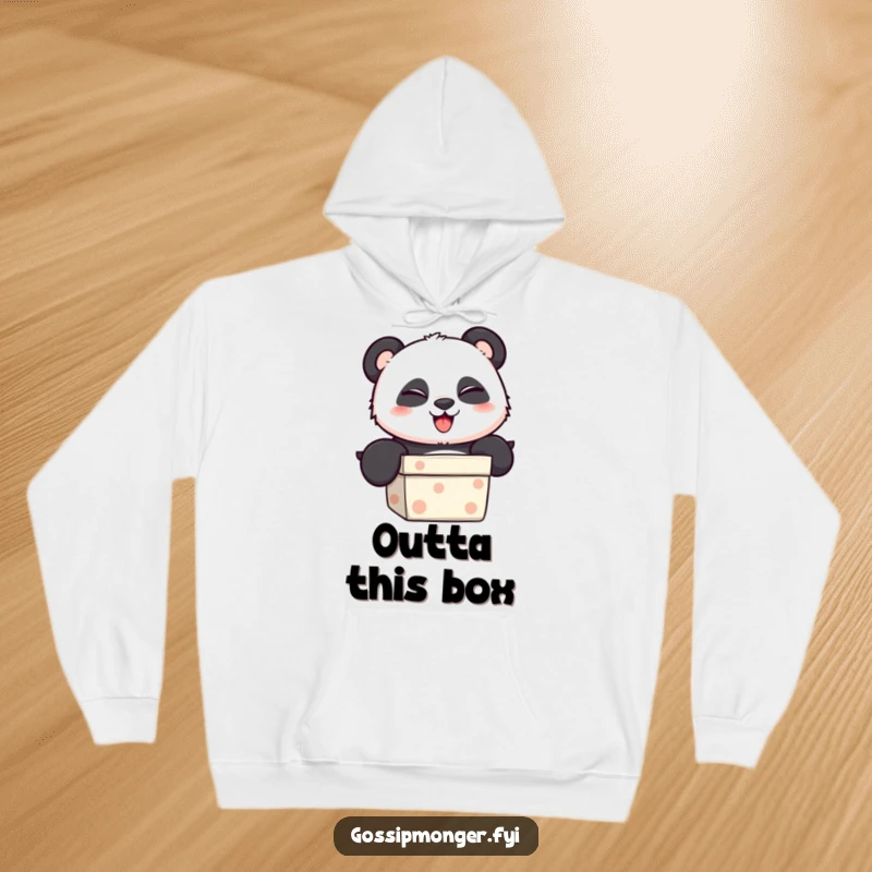 Funny Hoodie featuring a plush panda peeking from a gift box, sharing a playful and mischievous wink with the viewer.