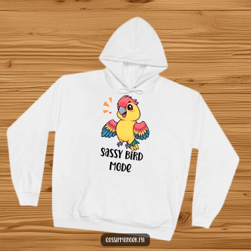 Funny technicolor parrot with a sassy tilt of its head, mimicking a sound effect with its wings, cozy hoodie.