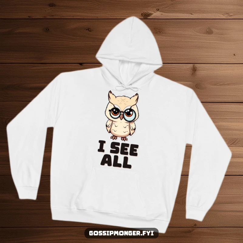 Funny hoodie with a tiny owl wearing a monocle, sporting a sly wink, for cozy intellectual humor.