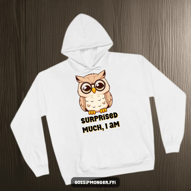 Funny Surprised Owl Hoodie: A shocked owl wearing a monocle appears wide awake, its expression conveying hilarious astonishment and surprise.