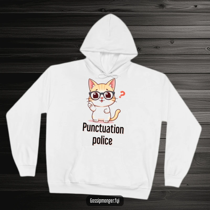 Funny hoodie with a smart cat in spectacles, pointing with urgency at a grammatical error, a misplaced comma.