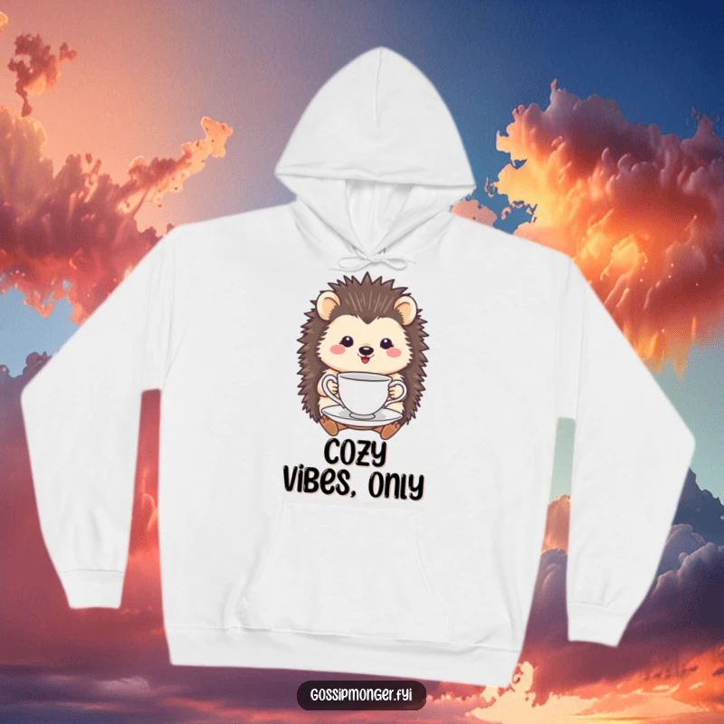 Funny Hedgehog Tea Cup Hoodie: A smiling hedgehog delicately holds a tea cup and saucer, perfect for cozying up.