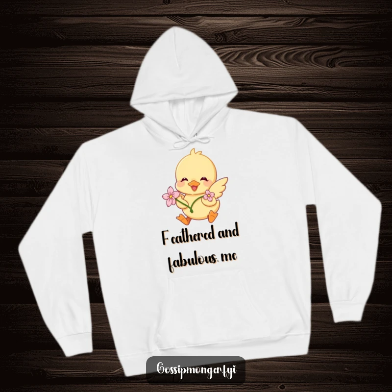Funny Duckling Hoodie: A charming duckling with a flower on its head is depicted joyfully fluttering its wings, a symbol of happiness.