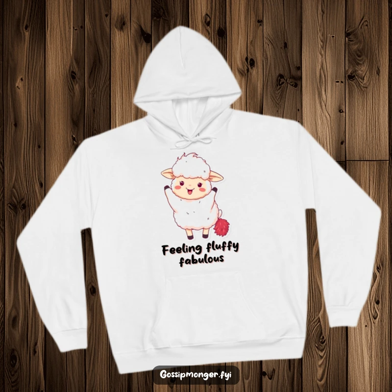 Funny hoodie with a fluffy sheep excitedly waving a red feather boa, offering glamorous comfort and humor.