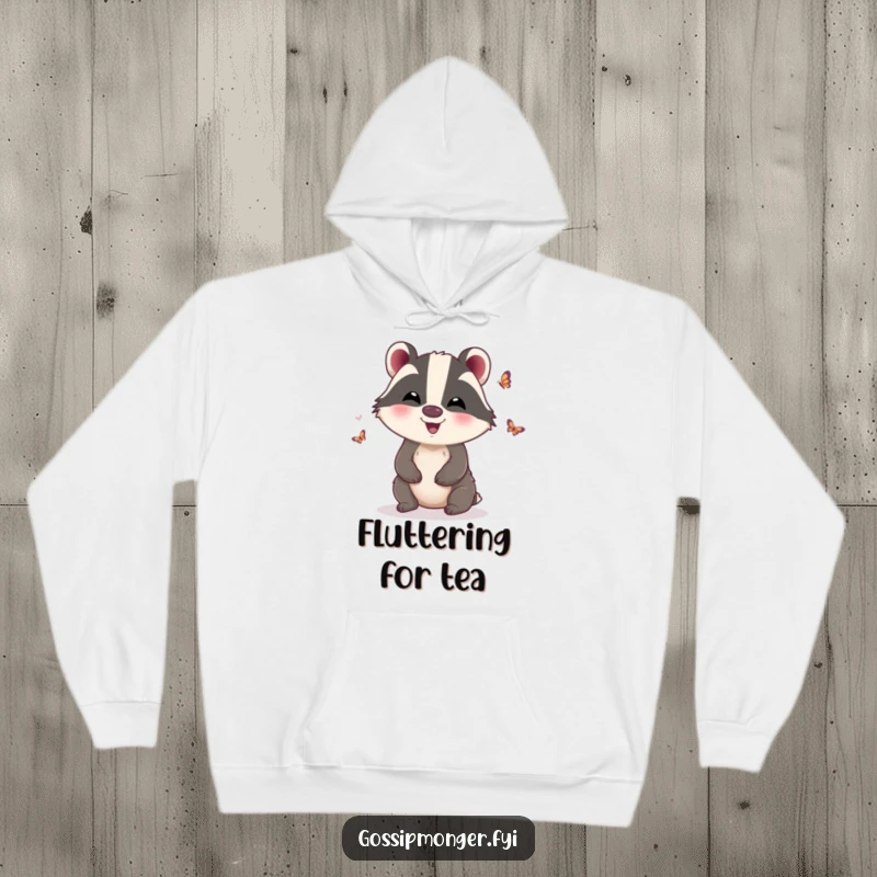 Funny Hoodie: A giggling badger with tiny butterfly wings, embodying playful gossip and a funny, whimsical nature, a superb funny gift.
