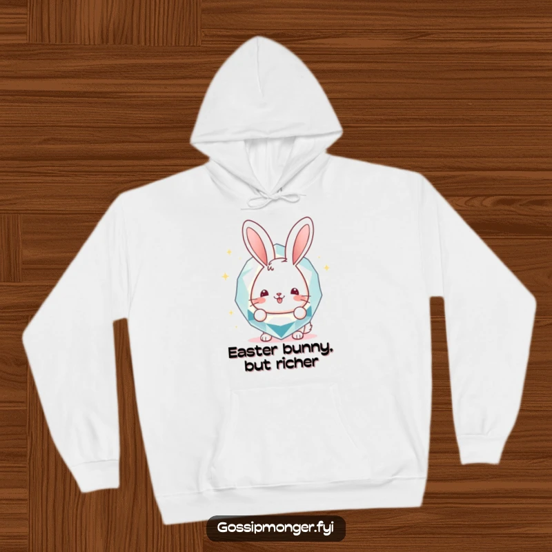 Funny Hoodie: A cheerful bunny mysteriously peeking from behind a large, radiant gemstone, offering a cozy and funny feel, great funny gift.