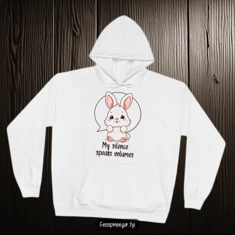Funny bunny hoodie showcasing a fluffy rabbit peeking out from a speech bubble, its nose wiggling with mischievous humor.