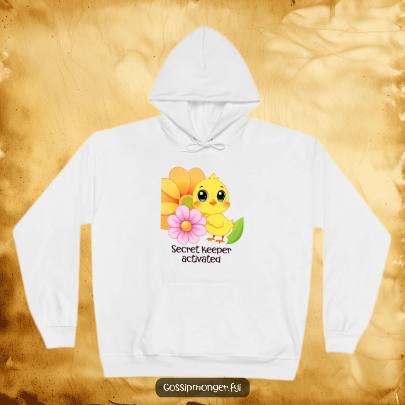 Funny Chick Hoodie: A cuddly yellow chick with enormous eyes shares secrets with a vibrant, large flower, evoking warmth and humor.