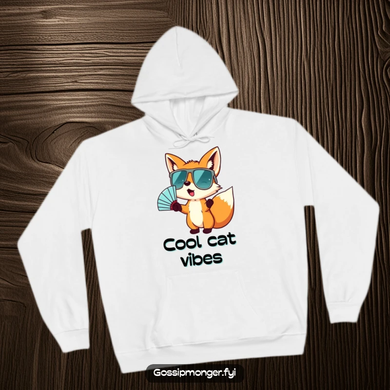Funny hoodie showcasing a tiny fox in huge sunglasses, energetically fanning itself, radiating a cool, carefree, and fun-loving attitude.