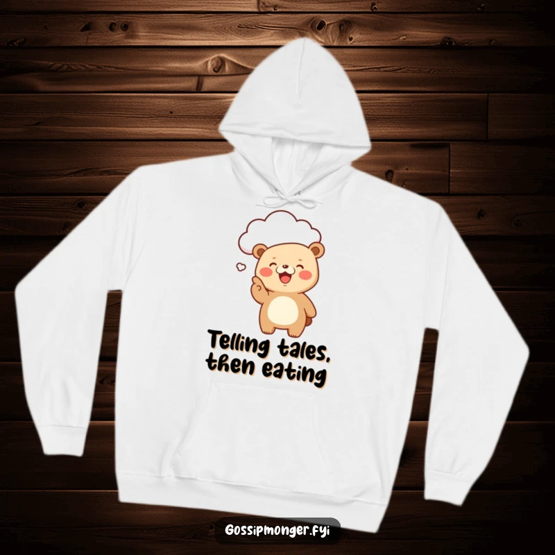Funny Kawaii Bear Hoodie: A giggling, cute bear excitedly points at a floating cloud, embodying playful curiosity and humor.