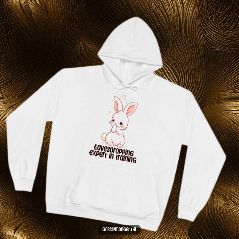 Funny Kawaii Rabbit Hoodie: A tiny, cute rabbit whispers secrets into a soft, giant ear, embodying playful mischief and warmth.