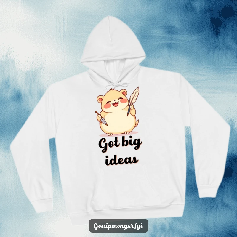 Funny hoodie featuring a plump, smiling creature gleefully scribbling notes with a comically oversized quill pen.