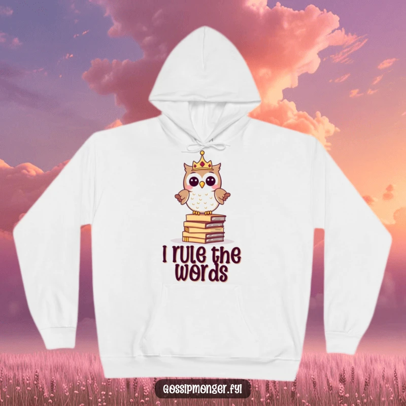 Funny hoodie depicting a giggling owl wearing a tiny crown, balancing on a stack of whispering letters, for cozy literary enjoyment.