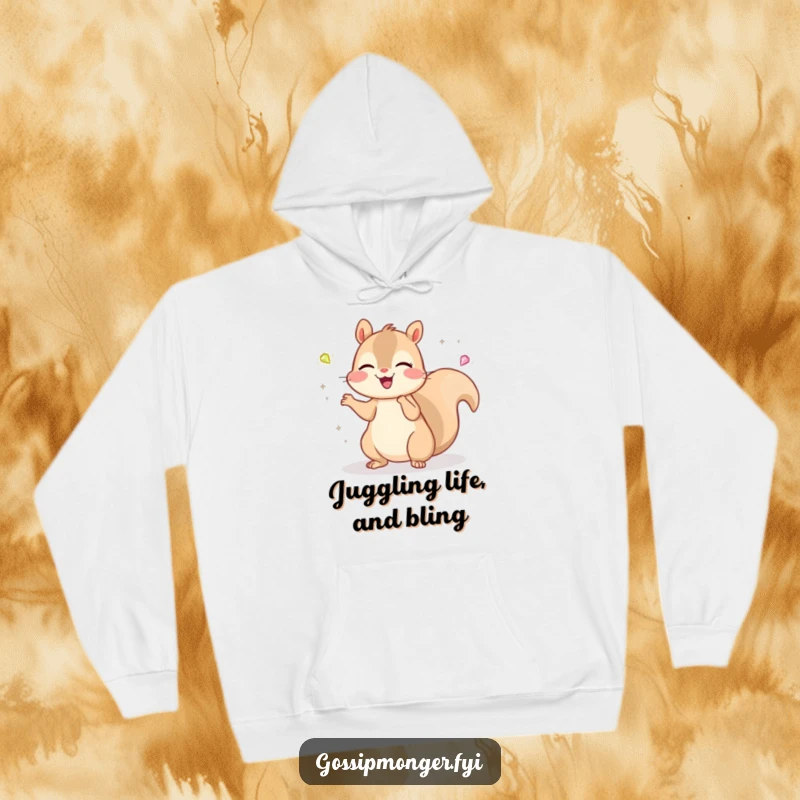 Funny Kawaii Squirrel Hoodie: A cheerful, cute squirrel juggles precious, sparkling gems with a delighted and happy expression.