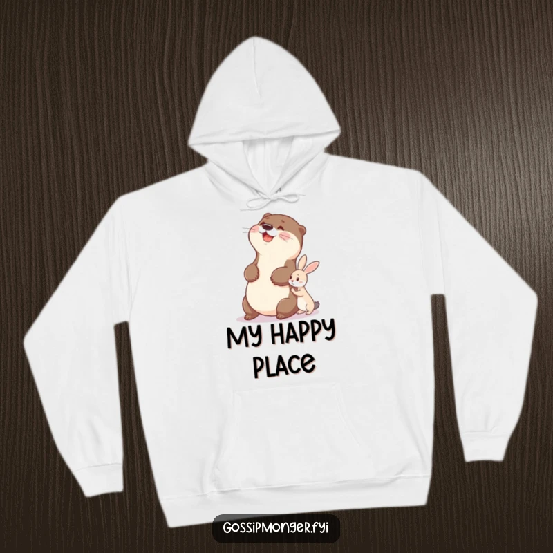 Funny otter hoodie depicting a delighted otter slapping its belly repeatedly while watching a tiny rabbit whisper secrets.