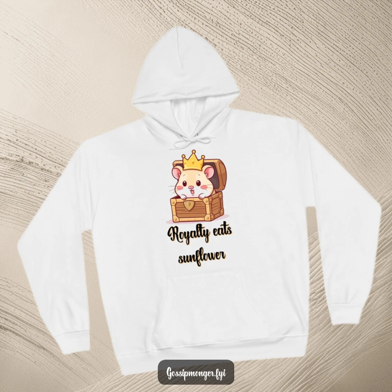 Funny Hoodie: A curious hamster wearing a tiny crown peeking from an open treasure chest, bringing a sense of funny luxury, a superb funny gift.