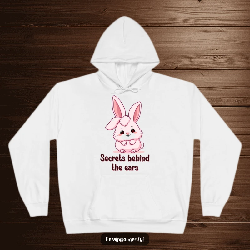 Funny fluffy pink bunny peeking conspiratorially behind a large stylized ear, offering cozy comfort and cute, humorous charm.
