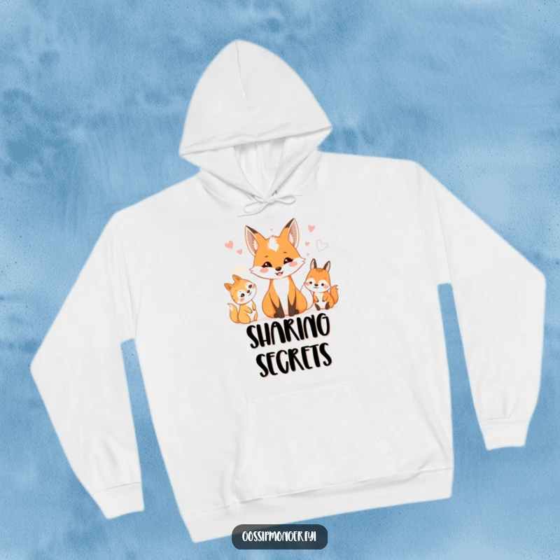 Funny hoodie with a smiling fox whispering to a group of cute woodland creatures. Cozy secrets.