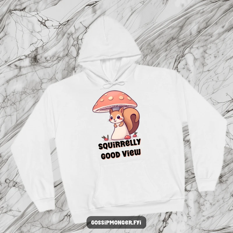 Funny curious squirrel hoodie, peeking from behind a giant mushroom, providing warm, comfortable, and humorous woodland-themed apparel for explorers.